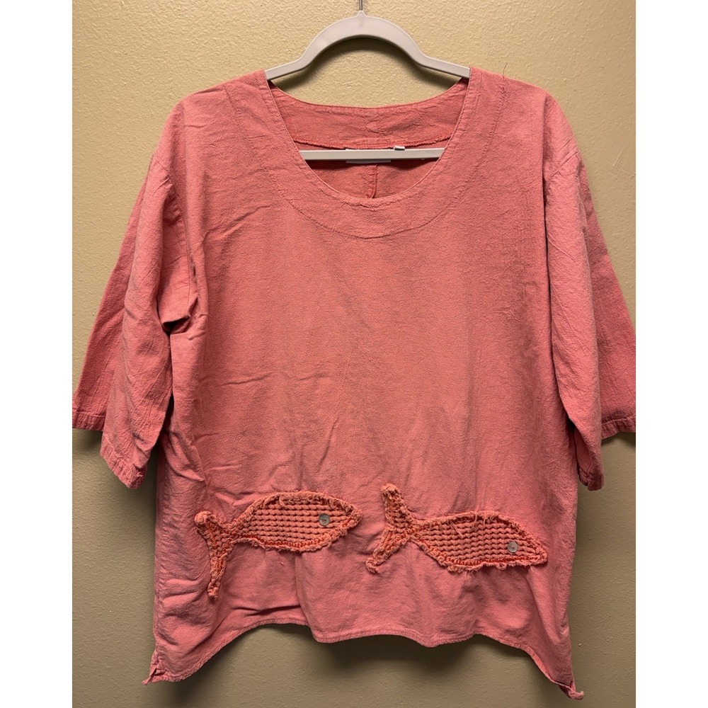 LuLu B Pink Gauze Fish Tunic Blouse Shirt Top Medium Half Sleeve Coastal Beach